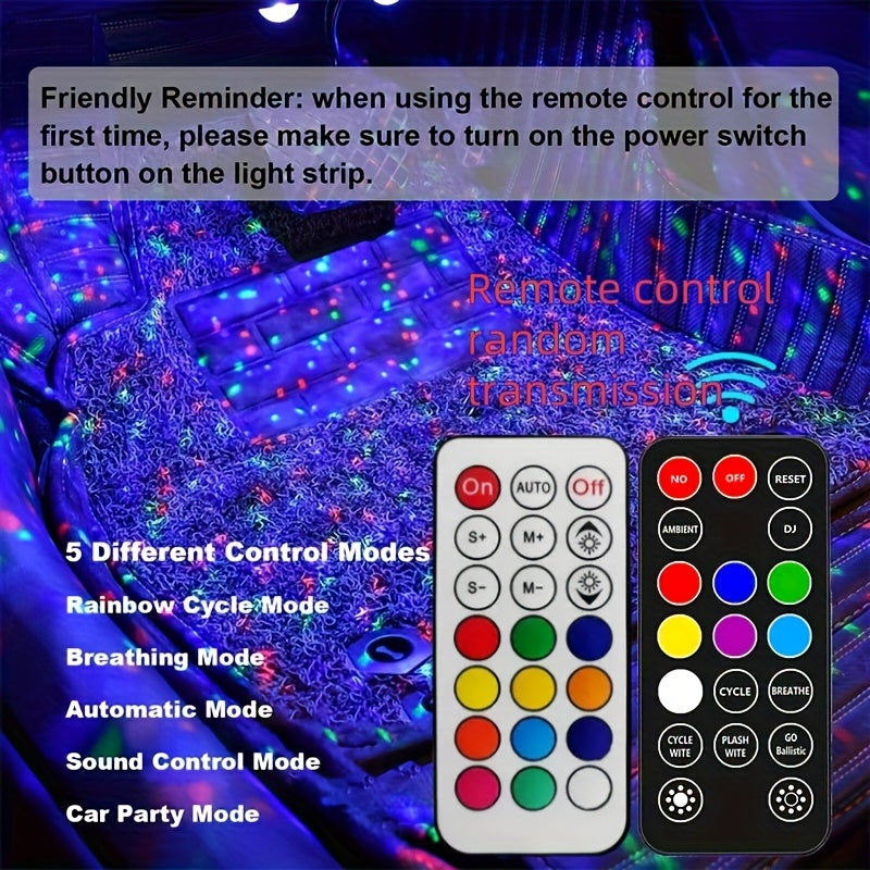 Car LED Lights Interior Auto Sensor USB RGB Ambient Atmosphere Neon Accent Lighting Cool Accessories Magnetic Strip Inside Car Roof Ceiling Footwell Hood Remote Music Sound Sync 12V