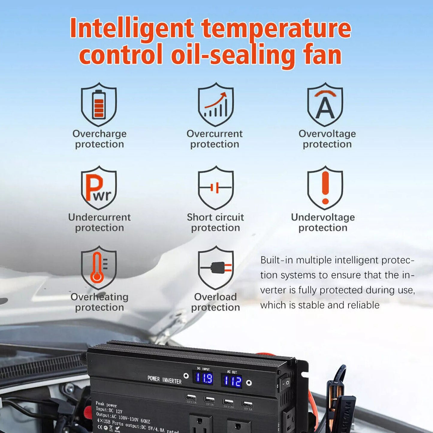 6600W Peak Power Inverter, Car Pure Sine Wave Inverter DC 12V to AC 110V LCD Digital Display, Compatible for Solar And Portable with USB Ports, US Sockets, Fast Charging for Vehicles Trucks Rvs And Other Vehicles