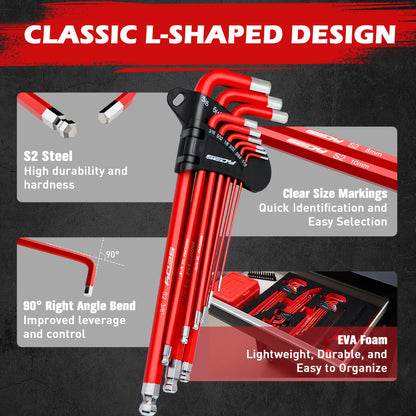 30pcs Long Arm Ball End L-Hex & Torx Key Set with Grip Handle, Ultimate Hex Key Wrench Set with T-Handle And Extension Bars, SAE 1/16" to 3/8", Metric 1.5mm to 10mm, Torx T10 to T50 Father's Day Gift for Dad Husband DIY Lovers