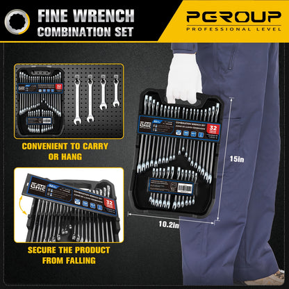 32pcs SAE & Metric Combo Wrench Set (20 Long & 12 Short-Reach Wrenches), 14pcss Premium Metric (6 - 19mm) & 14pcss SAE (1/4" - 15/16") Combo Wrenches With Open & 12-Point Box Ends, CR-V Steel, Mirror Chrome Polished