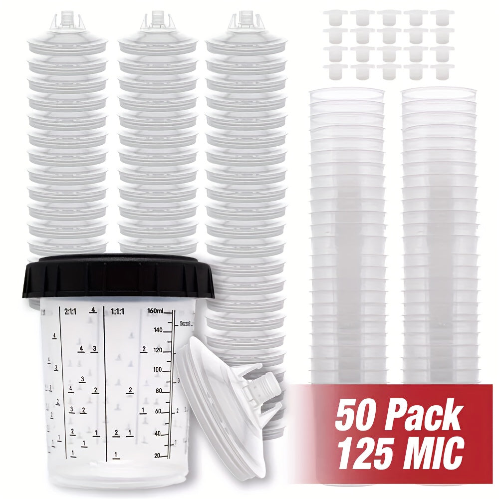 Disposable Paint Cup Liners 50-Pack – 20oz PPS Cups with Lids, 125-Micron Strainers, HVLP Spray Gun Adapters & Stirrer for Automotive Painting