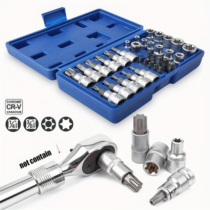 Set of 34 Torx Bit Sockets And E-Torx Sockets for 1/4", 3/8", And 1/2" Drives, Including Both Male And Female E-Torx Security Bits, Designed for Handheld Use