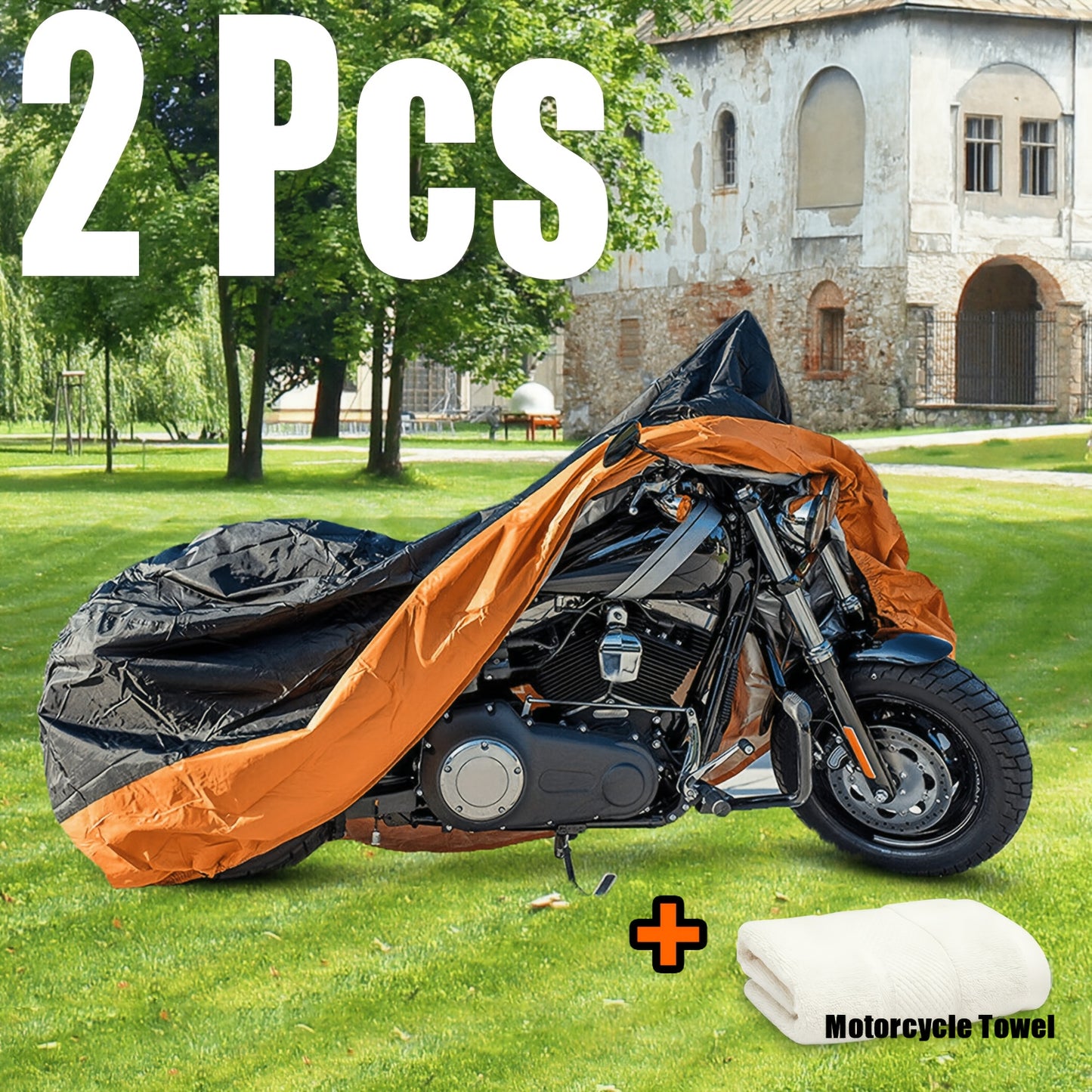 Motorcycle Cover 3XL Waterproof UV Protection – 190T Tear-Resistant Fabric, Lock Holes, Outdoor Storage Cover + Towel Set, Black & Orange