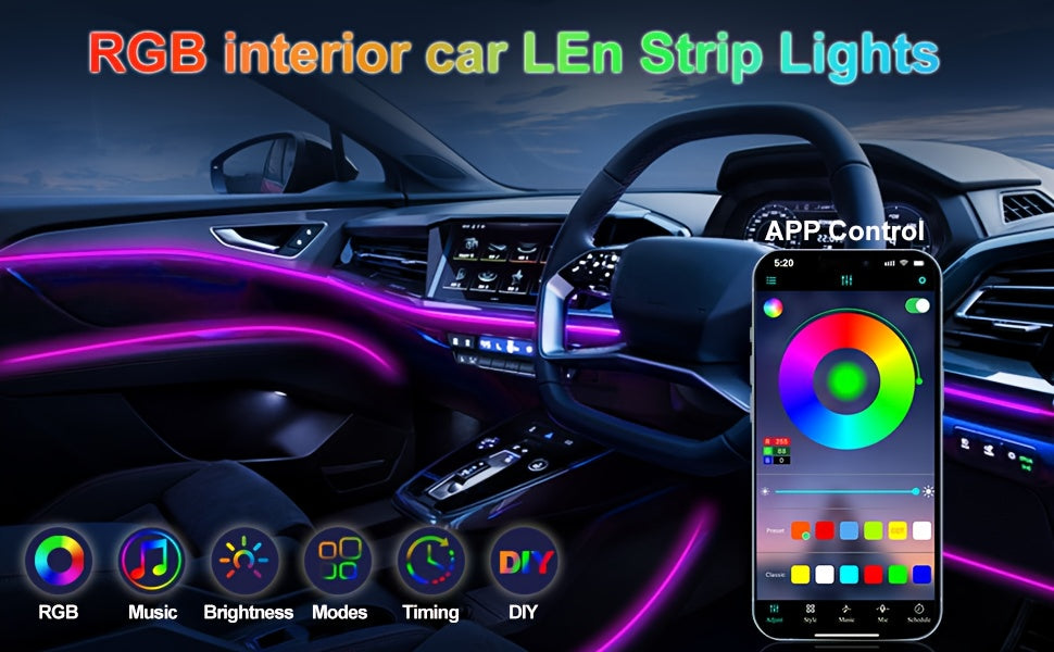 RGB Car Interior Ambient Light Kit – 5-in-1 Fiber Optic LED Strip 276 Inch, 16 Million Colors, Music Sync, App Control for Cars, Trucks & SUVs