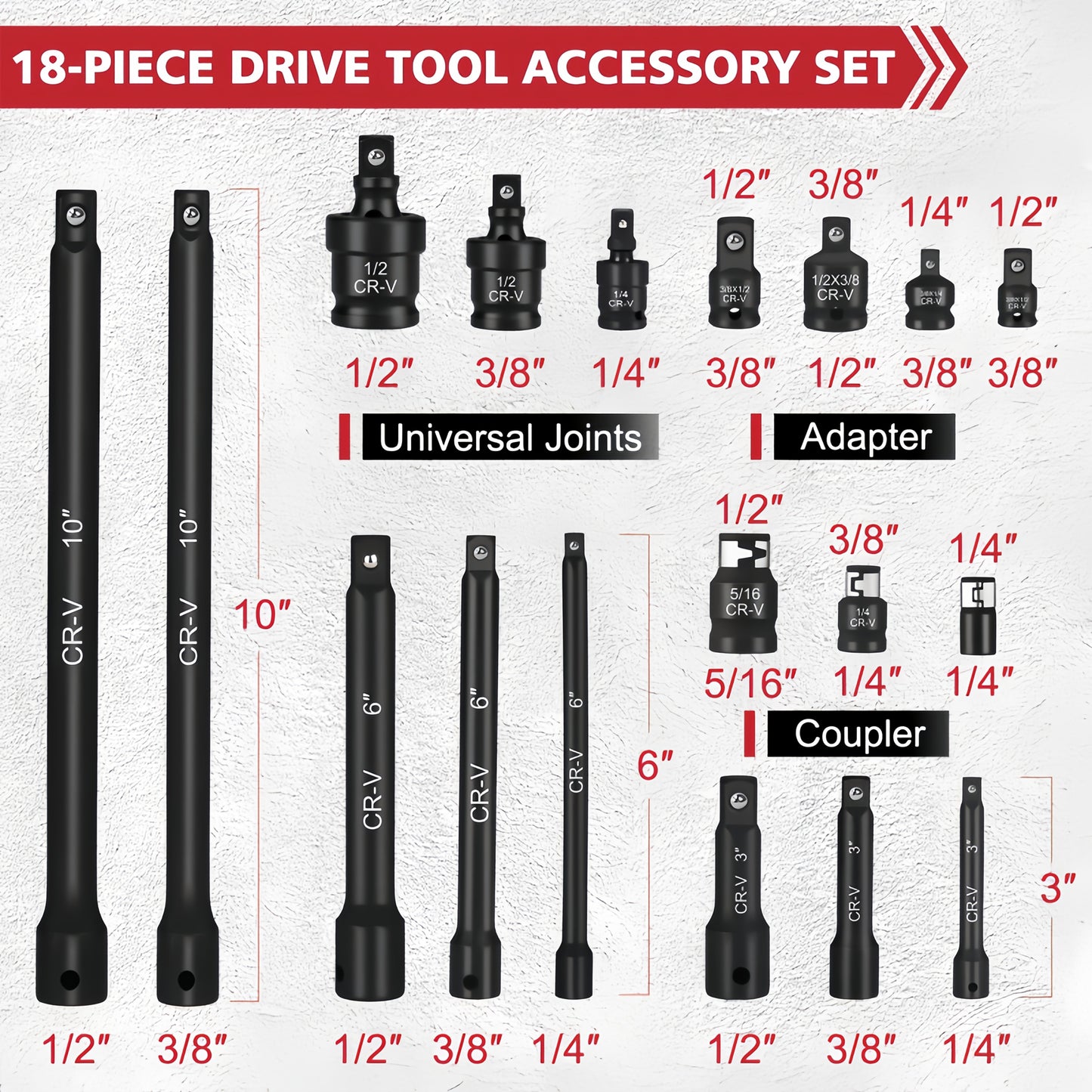 [18pcs Socket Set] NANWEI 18pcs Socket Extension Bar Set Includes Extension Bars, Socket Adapters And Impact Driver Bit Connectors. Made of Premium Cr-V Steel. Professional 1/4", 3/8" And 1/2" Drive Set, Ideal for Home Decoration And Mechanical Fastening