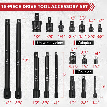 [18pcs Socket Set] NANWEI 18pcs Socket Extension Bar Set Includes Extension Bars, Socket Adapters And Impact Driver Bit Connectors. Made of Premium Cr-V Steel. Professional 1/4", 3/8" And 1/2" Drive Set, Ideal for Home Decoration And Mechanical Fastening