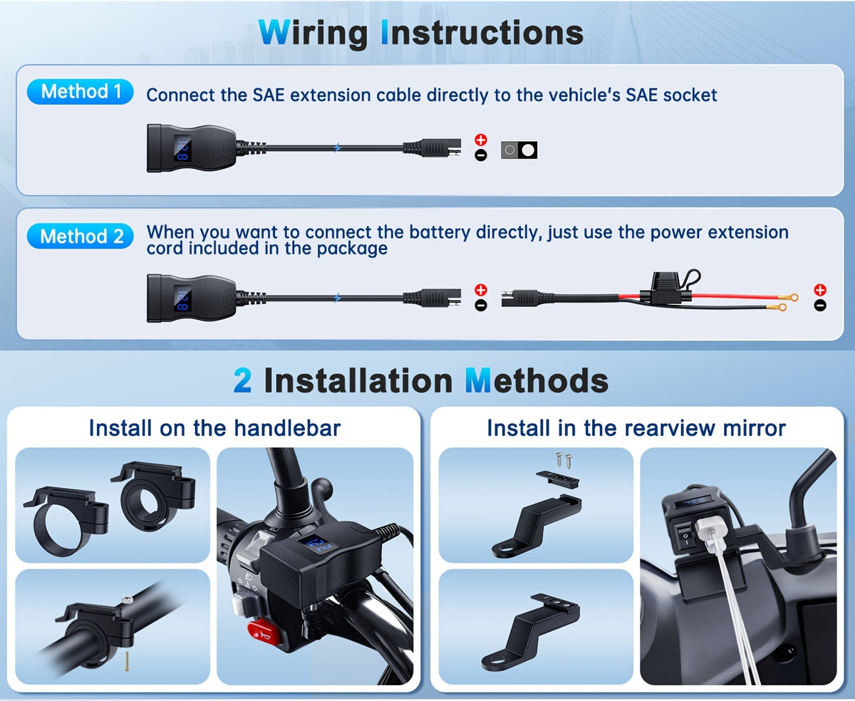 Motorcycle USB Charger Dual Port USB-C PD 20W + QC 3.0 18W Fast Charging with LED Voltmeter ON/OFF Switch SAE Connector 12-24V for Phone Tablet GPS