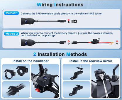 Motorcycle USB Charger Dual Port USB-C PD 20W + QC 3.0 18W Fast Charging with LED Voltmeter ON/OFF Switch SAE Connector 12-24V for Phone Tablet GPS