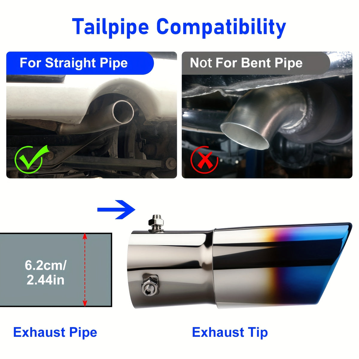 Dual Exhaust Tip Stainless Steel 2.5" Inlet – Double Outlet Curved Bolt-On Muffler Tail Tip, Bevel Port, Black & Blue