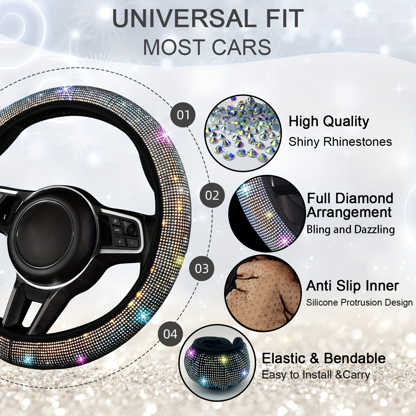 Set of 8 Sparkly Car Additions for Women, Including a Glittery Steering Wheel Cover, Shiny Car Coasters, Belt Shoulder Pads, Ring Emblem Sticker, And Gear Shift Cover