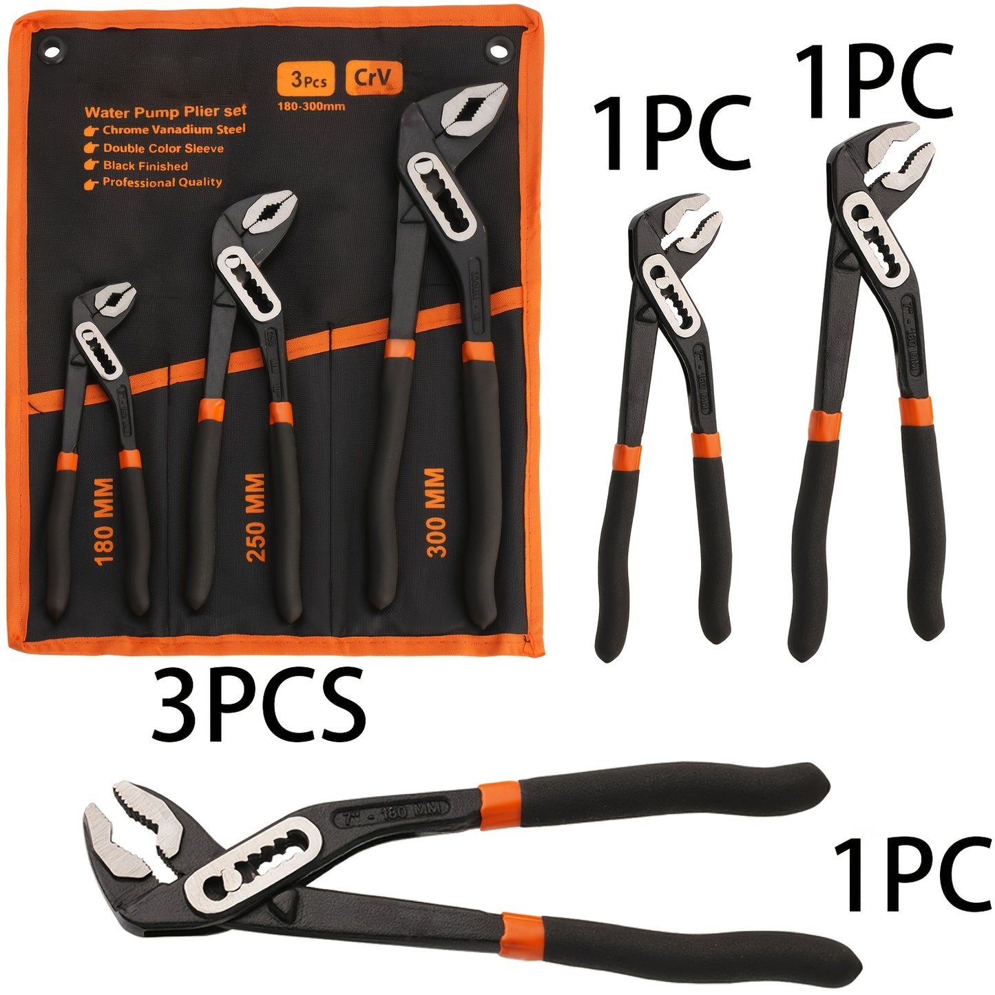 [Christmas Gifts] 3/1pc Adjustable Pliers With Roll-Up Pouch,Quick-Adjust Pump Pliers Set, Chrome Vanadium Steel, Includes 7-Inch,10-Inch, And 12-Inch, Black,Christmas Gifts