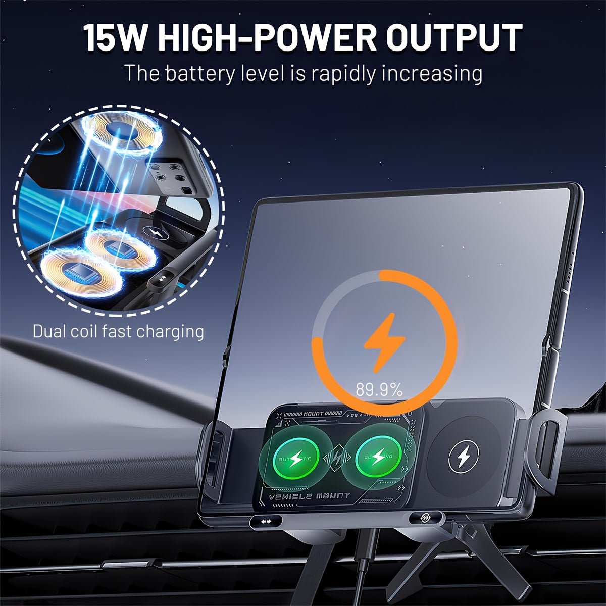 Car Holder with Wireless Fast Charging for Foldable Screen Phones Suitable for iPhone 8/X/11/12/13/14/15 Series, Samsung Note20/10/9/8 Series, S10/9/8 Series Fold 5, Fold 6/, W23/W24 Wireless Charging Output 5W/7.5W/10W/15W