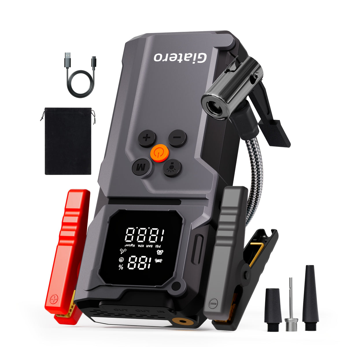 Jump Starter with Air Compressor 10000A 160PSI, 8000mAh Portable Battery Pack for Gas 3.7G & Diesel 3.17G, USB-C QC3.0, 3-Mode Flashlight, Large Display — Giatero Q27