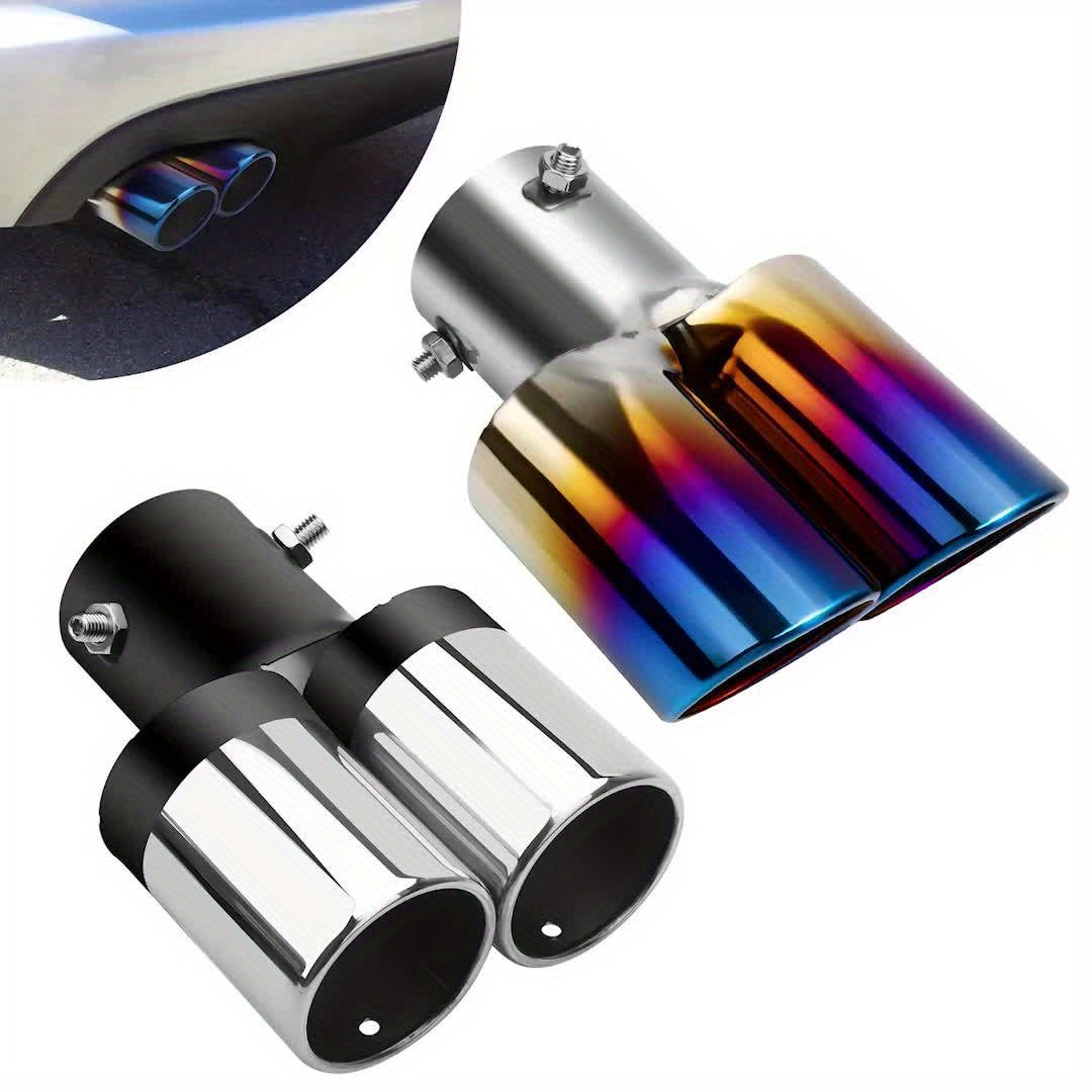 Dual Exhaust Tip Stainless Steel 2.5" Inlet – Double Outlet Curved Bolt-On Muffler Tail Tip, Bevel Port, Black & Blue