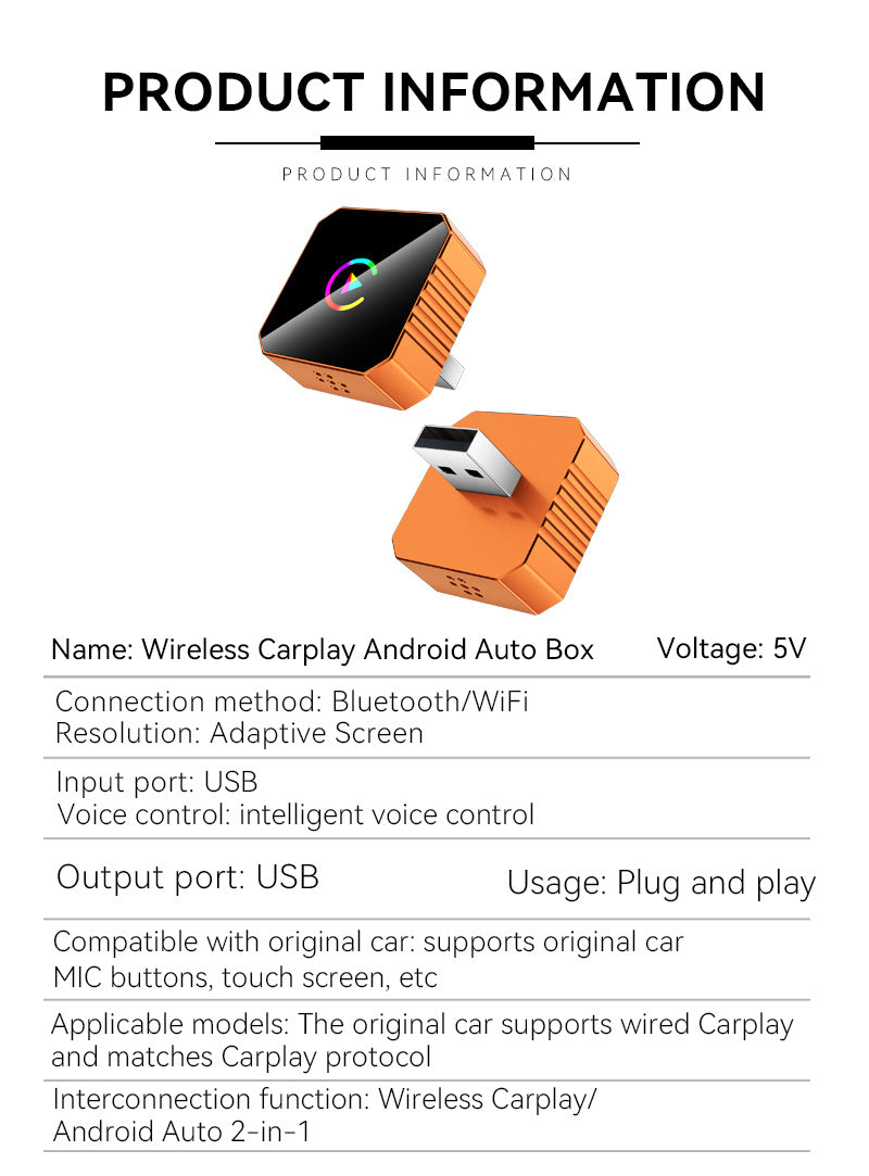 Wireless Carplay for Vehicles Hands-Free Smartphone Connectivity USB Port Compact Design Seamless Connection Compatible with Vehicles Equipped with Wired Carplay And Wired Android Auto Protocols, Without Battery