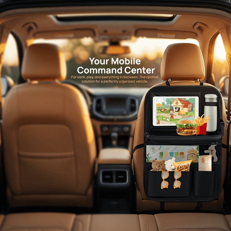 Car Backseat Organizer with Tablet Holder, 6 Storage Pockets Car Storage Organizer with Foldable Food Tray, Protectors Kick Mats Travel Accessories-Black