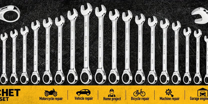 33pcs Combination Ratchet Wrench Set, SAE And Metric Sizes, 72-Tooth Gear Design, CR-V Steel, Adjustable, Manual Operation for Car Maintenance (Includes 22 Ratcheting Wrenches, 4 Adapters, And 6 Screwdriver Bits, And 1 Storage Case)