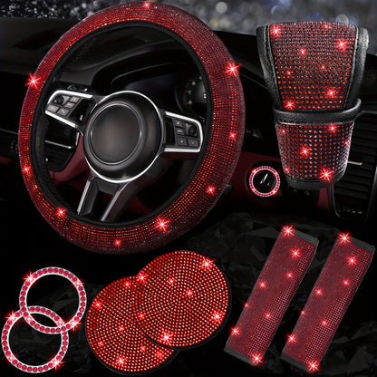 Set of 8 Sparkly Car Additions for Women, Including a Glittery Steering Wheel Cover, Shiny Car Coasters, Belt Shoulder Pads, Ring Emblem Sticker, And Gear Shift Cover