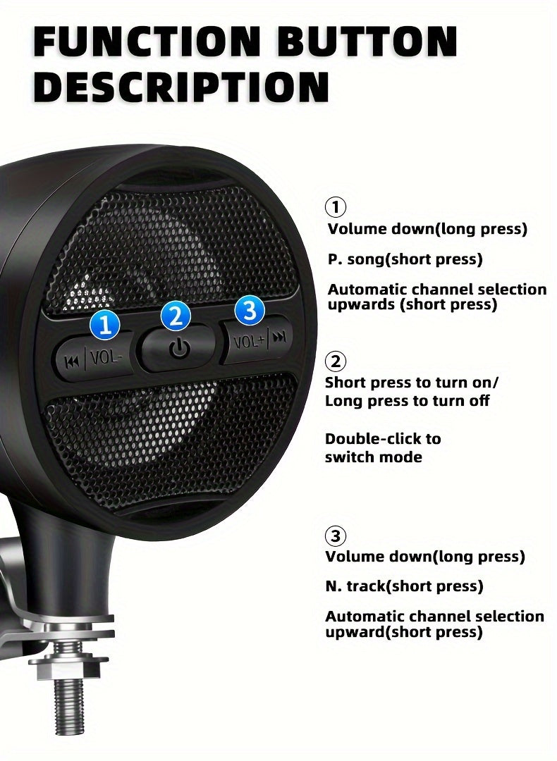 Wireless Motorcycle Audio Stereo Speaker, 12V Handlebar Mount MP3 Music Player Sound Audio Stereo, MP3 USB FM Radio