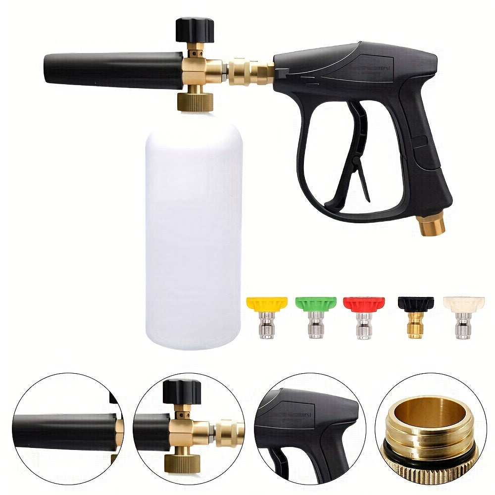 High Pressure Car Wash Foam Gun, M22-14 Thread, Heavy Duty Brass Neck with O-Ring Leak-Proof, 33.81oz Bottle, Multi-One Nozzle, Including Microfiber Washing Gloves, Easy to Connect for Quick Cleaning