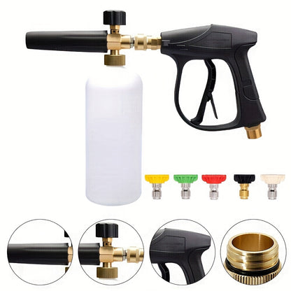 High Pressure Car Wash Foam Gun, M22-14 Thread, Heavy Duty Brass Neck with O-Ring Leak-Proof, 33.81oz Bottle, Multi-One Nozzle, Including Microfiber Washing Gloves, Easy to Connect for Quick Cleaning