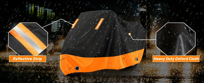 Motorcycle Cover, 210D, All-Weather Outdoor UV And Dust Protection, Protects Paintwork with Reflective Strips, Suitable for Harley-Davidson, for HONDA, And for SUZUKI (Black And Orange)