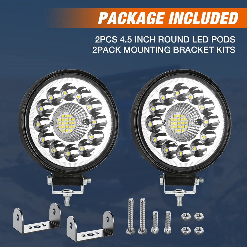 Set of 2 Round LED Off-Road Light Pods, 4.5 Inches, 42 Watts, Designed for Off-Road Driving, Suitable for 12V Vehicles Like Trucks, Tractors, Atvs, And Boats, Without Battery