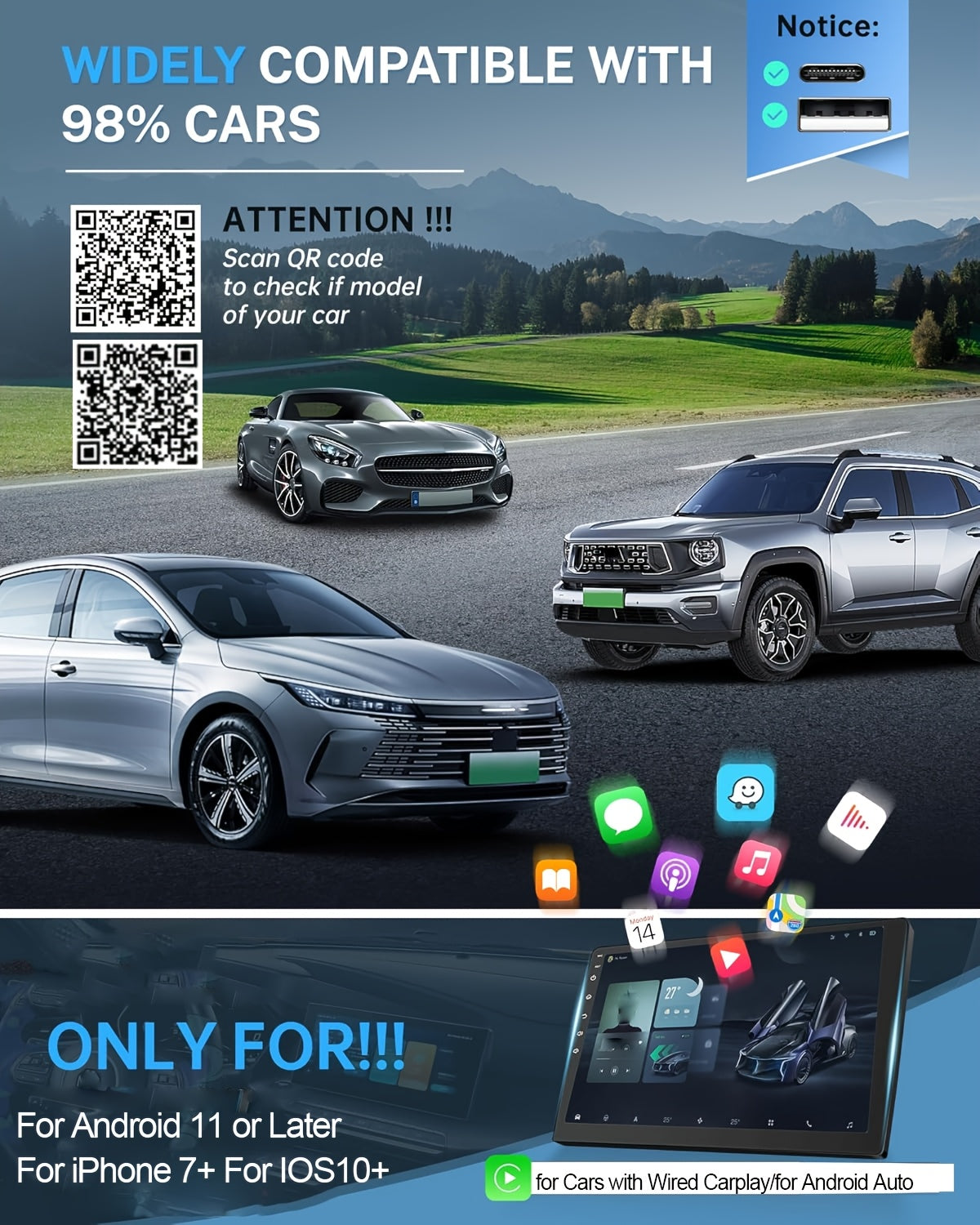 2026 NEW Wireless Carplay Adapter & Android Auto 2026 Upgrade Wired CarPlay to Wireless, 2-in-1 Mini USB Design with Fast Stable Connection Car Play for Apple IOS 10+, Android 11+ Version Car Play Wireless Adapter Carplay Wireless Free Type-C Adapter
