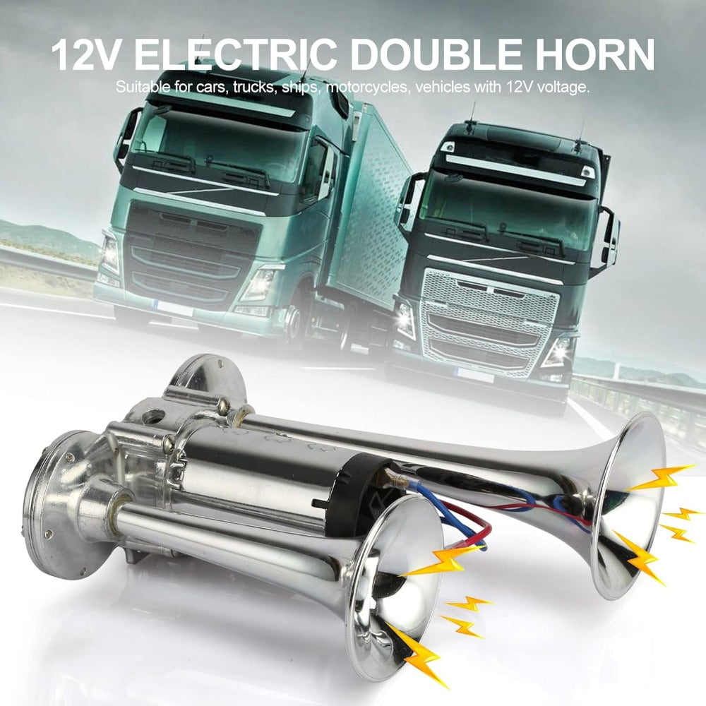 Dual Trumpet Electric Air Horn 110dB 12V Chrome for Car Truck Boat SUV Motorcycle – Loud Horn Kit with Compressor & Mounting Hardware