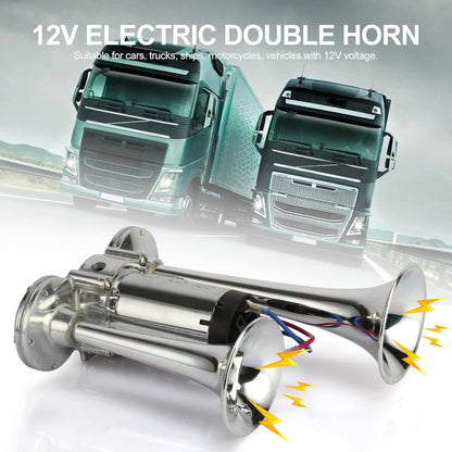 Dual Trumpet Electric Air Horn 110dB 12V Chrome for Car Truck Boat SUV Motorcycle – Loud Horn Kit with Compressor & Mounting Hardware