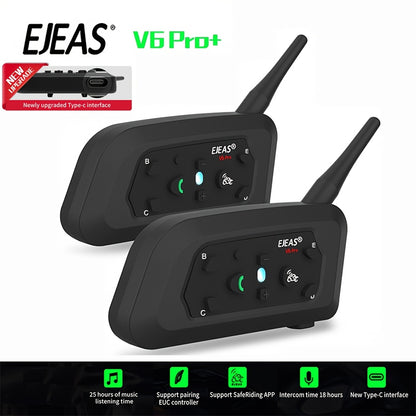 EJEAS V6 PRO+ Motorcycle Helmet Intercom 2-Pack – Bluetooth 5.0, 800M Range, 6-Rider Group, Type-C Charging