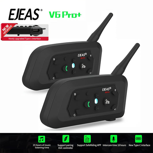 EJEAS V6 PRO+ 2-Pack Wireless 5.0 Motorcycle Helmet Intercom - Type-C Charging, MOTO Communication MP3 Headset for Up to 6 Riders, 800M Range Brand New