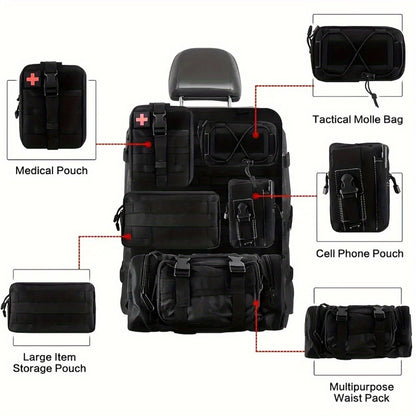 6pcs Set - Heavy-Duty MOLLE Tactical Car Seat Organizer Pouch with Adjustable Fasteners and Thickened Back Panel - Suitable for Jeeps, Trucks, SUVs - Premium Vehicle Storage System, Durable Nylon Bag for Gear, First Aid, and Tools - Car Trunk Lid