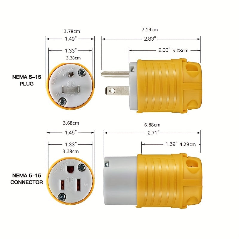 Set of 1/3/5 Male And Female Connectors, American Industrial RV Replacement Plug Set NEMA 5-15R 15A 125V, Straight Connector, Yellow Color, Without Battery RV Plugs, Inlets & Receptacles
