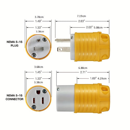 Set of 1/3/5 Male And Female Connectors, American Industrial RV Replacement Plug Set NEMA 5-15R 15A 125V, Straight Connector, Yellow Color, Without Battery RV Plugs, Inlets & Receptacles
