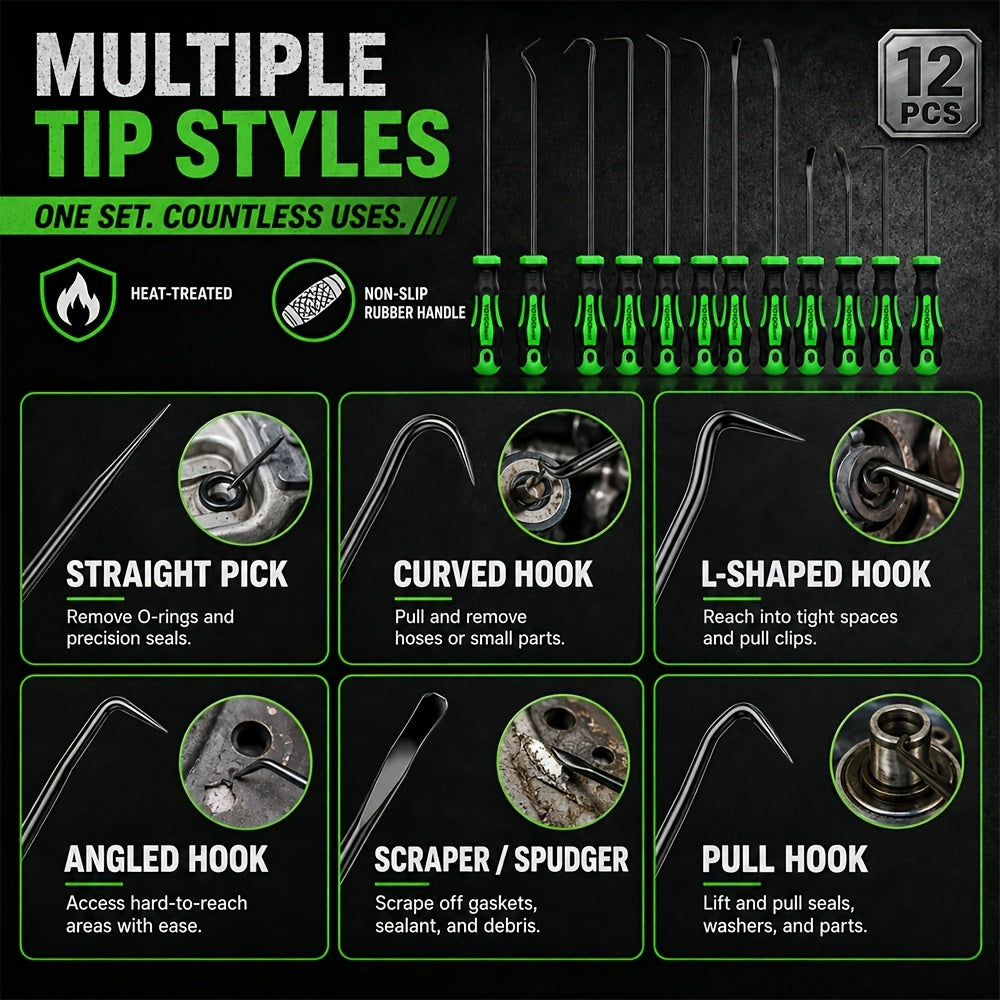 [Heavy-Duty Pick Set] 12pcs Heavy-Duty Pick and Hook Tool Set with Long & Mini Hooks, O-Ring Seal Gasket Puller, Oil Seal Removal Tool, Car, Truck, RV, Boat