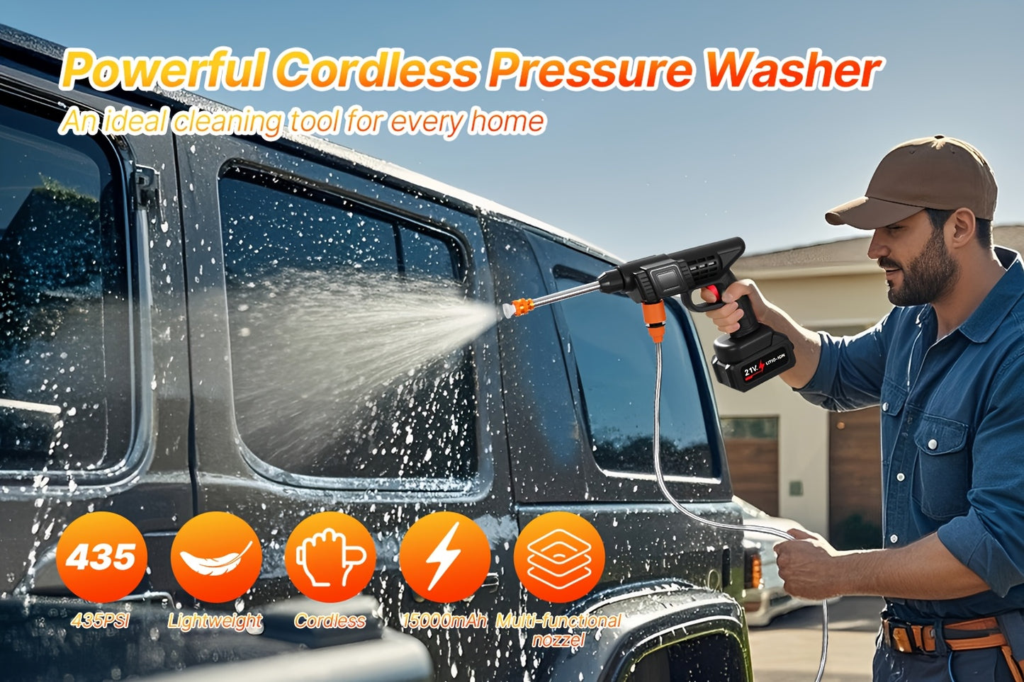 LOVEWE 300 Watt Cordless High Pressure Electric Car Wash - Equipped with 6-in-1 Nozzle, 1.3GPM Handheld Car Wash Gun, for Car Wash/Home/Floor/Garden Cleaning, Includes1/2 X 15000mAh Batteries, 60 Minutes Battery Life, for Independence Day