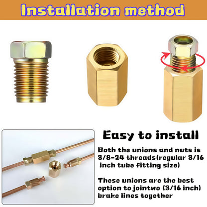 Brake Line Fittings Assortment – 3/16" 1/4" 5/16" 3/8" Tube, Inverted Flare Union Connectors, Multiple Thread Sizes with Hose Clamps
