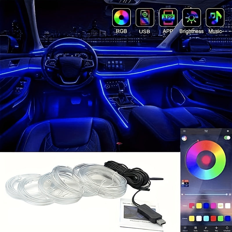 [APP Control LED Lights] RGB Car Accessories Neon Light With APP Control, 8-Color Changing (Dashboard + Roof Console), LED Car Lights, APP Application And USB Button With Voice Control RGB LED Automotive Ambient Lighting