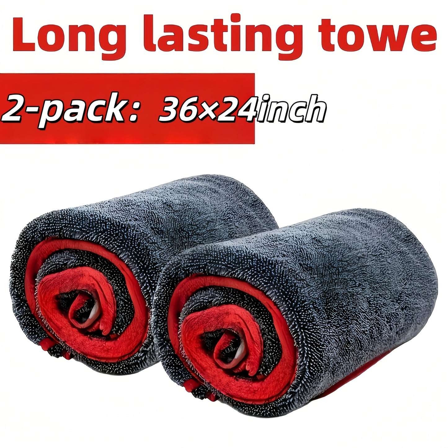 2pcs XXL Extra Large Microfiber Drying Towel With Twist Ring Design - Super Absorbent Thickened Technology Suitable For Cars, Trucks, Boats - Red And Gray Detail Cloth, Professional Look | Highly Absorbent Material