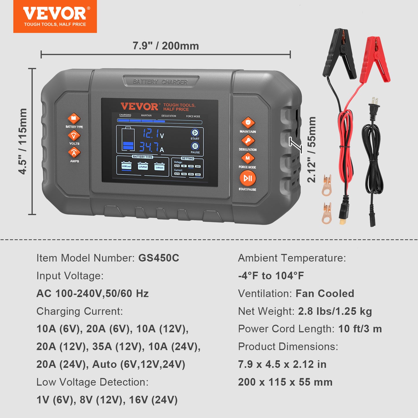 VEVOR Smart Battery Charger, 35-Amp, Lithium LiFePO4 Lead-Acid (AGM/Gel/SLA) Car Battery Charger with LCD Display, Trickle Charger Maintainer Desulfator for Boat Motorcycle Lawn Mower Deep Cycle
