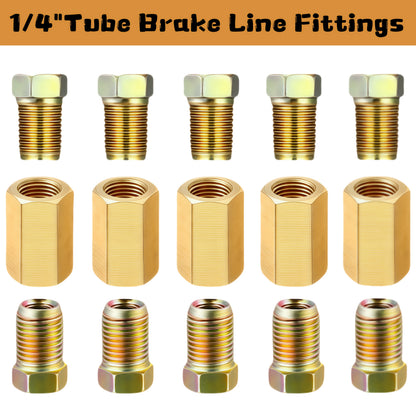 Brake Line Fittings Assortment – 3/16" 1/4" 5/16" 3/8" Tube, Inverted Flare Union Connectors, Multiple Thread Sizes with Hose Clamps