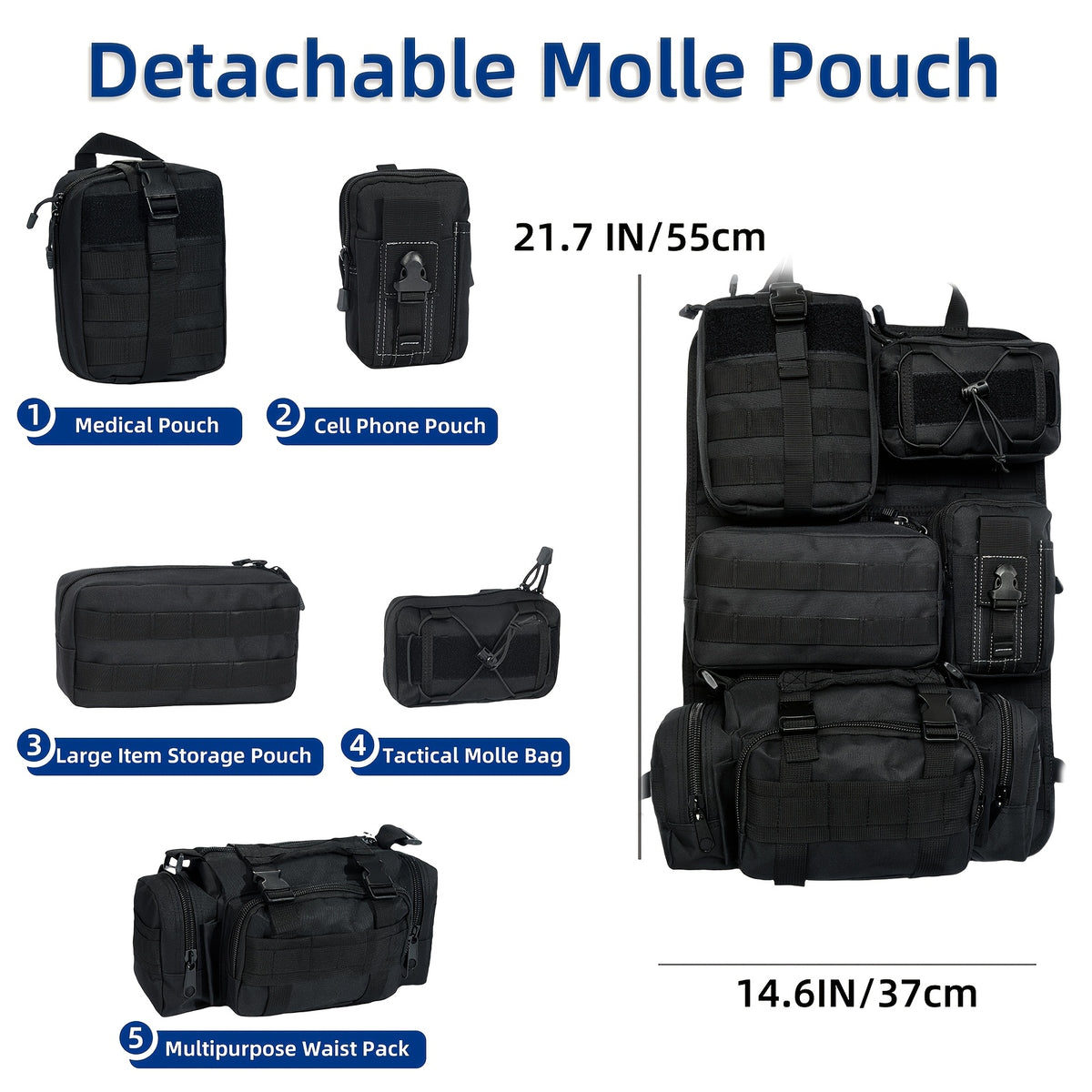 MOLLE Tactical Car Seat Organizer 5-Pocket – Heavy-Duty Nylon Seat Back Storage Bag | Universal Fit Jeep Truck SUV Off-Road Black