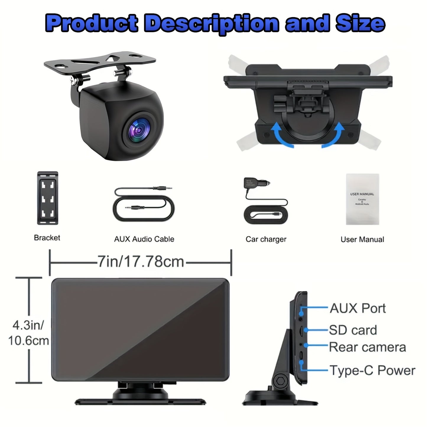 7-Inch Wireless Car Display with Car Audio, HD Touchscreen, 1080P Reversing Camera, Dashcam, GPS Navigation, Mirror Link, FM/AUX/USB/TF Interface, Compatible with All Car Models, a Must-Have for Vacations, And a New Year'S Gift for Dad And Driver