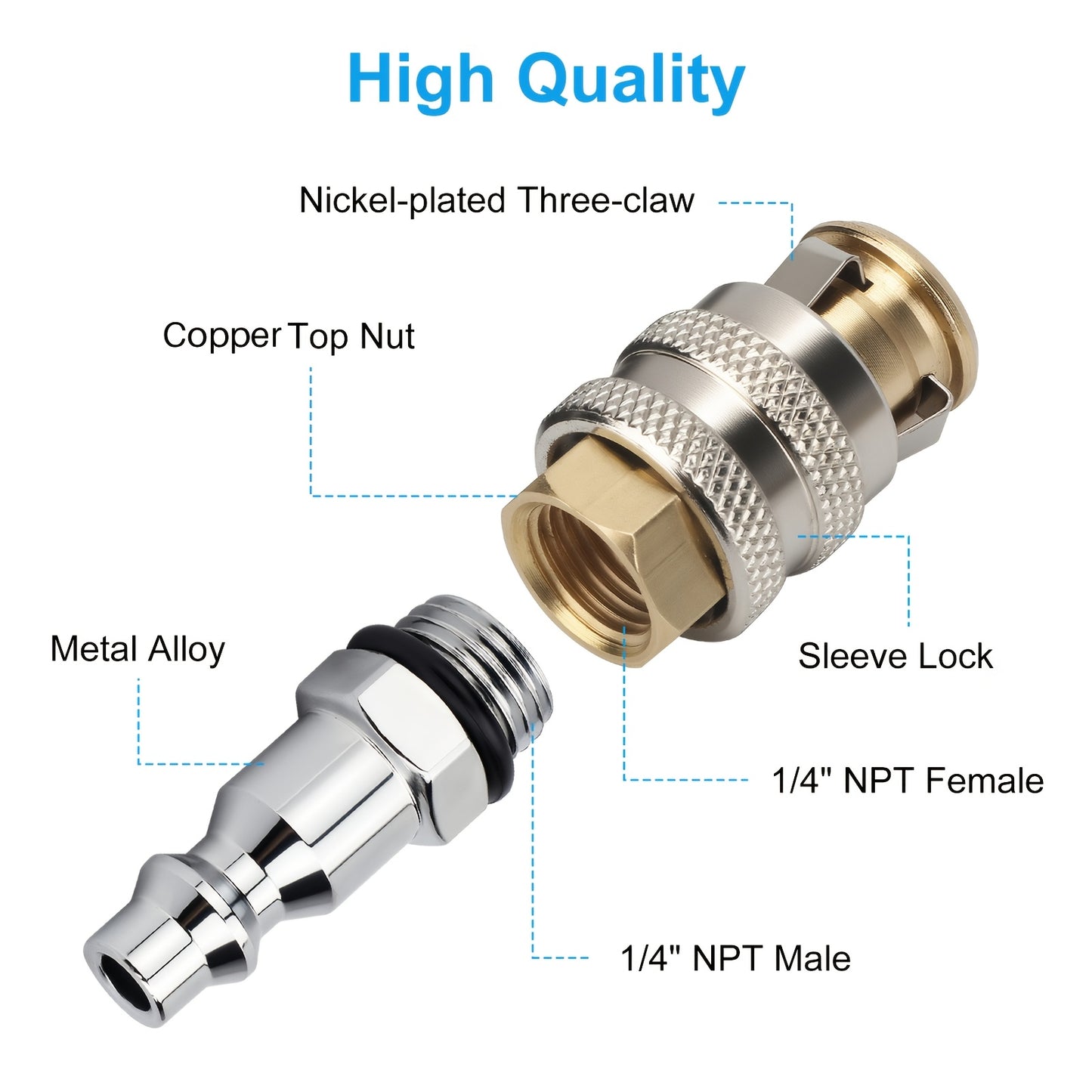 Two Brass Tire Valves with a Closed-End Design, Featuring a 1/4 Inch Female Thread And a Quick-Connect Mechanism, Capable of Handling a Maximum Pressure of 250 PSI. They Are Made from a Durable Alloy And Are Compatible with Cars, Trucks, Bicycles