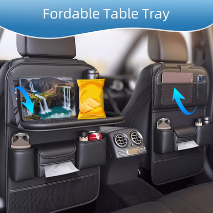 Universal Premium PU Leather Car Seat Back Organizer - Spacious Storage Bag with Back Seat Dining Table, Cup Holder, And Travel Accessories for A Comfortable Ride