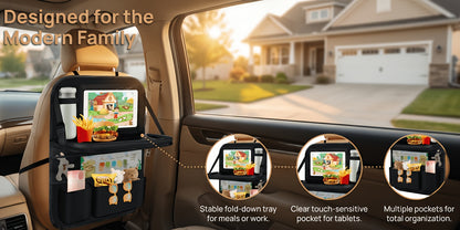 Car Backseat Organizer with Tablet Holder, 6 Storage Pockets Car Storage Organizer with Foldable Food Tray, Protectors Kick Mats Travel Accessories-Black