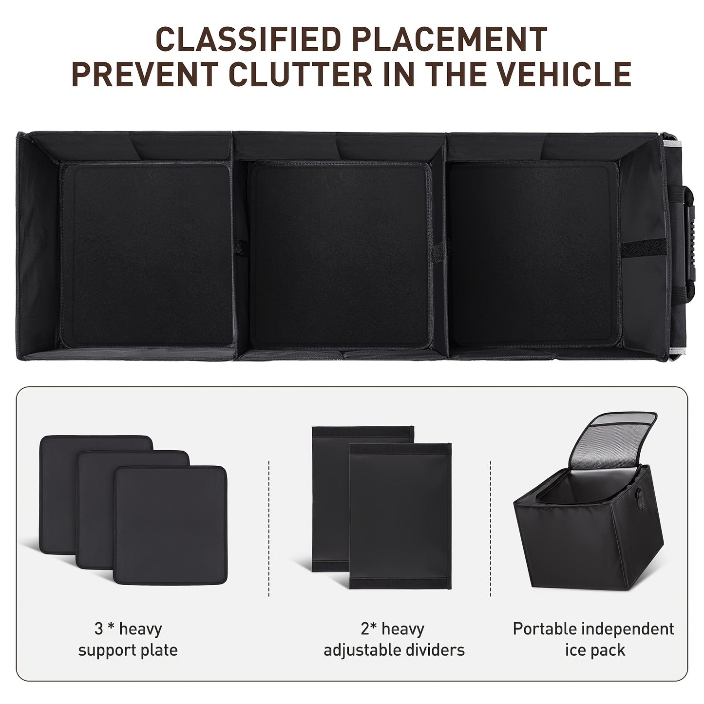 Car Trunk Organizer, Heavy Duty Foldable Storage Organizer, Collapsible Bag Cooler Bag with Lid, 3 Compartments & Straps, Insulated Leakproof Car Cargo Trunk Organizer for Car Truck
