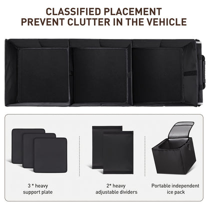 Car Trunk Organizer, Heavy Duty Foldable Storage Organizer, Collapsible Bag Cooler Bag with Lid, 3 Compartments & Straps, Insulated Leakproof Car Cargo Trunk Organizer for Car Truck