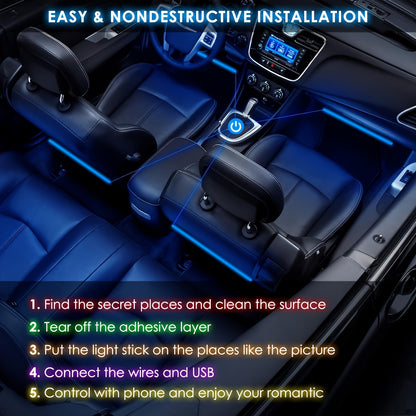 Set of 4 LED Lights for Car Interiors - Powered by USB, Featuring Colorful Underfoot Illumination That Syncs with Music to Create a Better Atmosphere, Without Battery